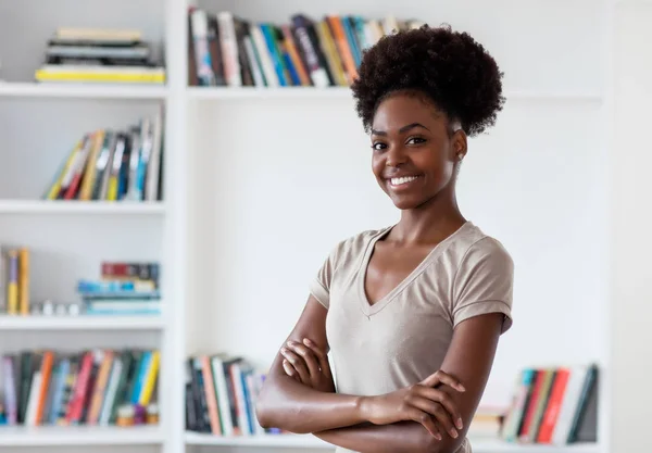 Laughing African American Young Adult Woman Looking Sideways Indoors Home — Stock Photo, Image