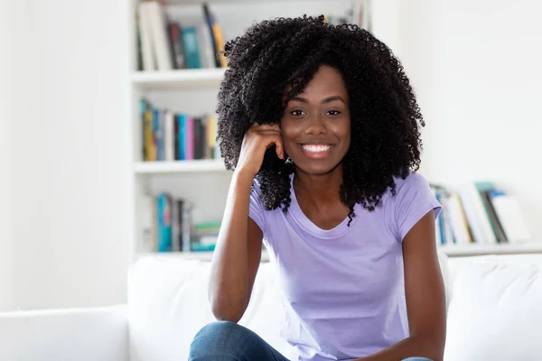 Beautiful Laughing African American Woman Indoors Home — Stock Photo, Image