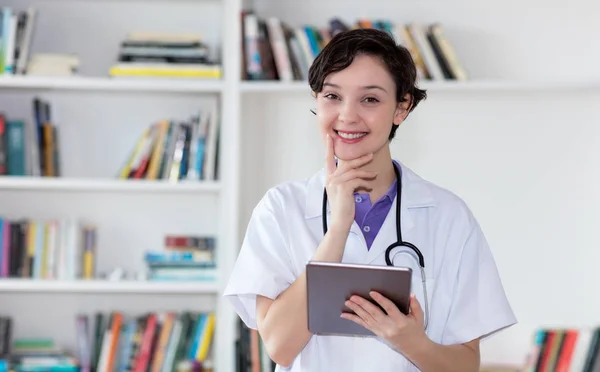 Laughing German Nurse Tablet Computer Hospital — Stock Photo, Image