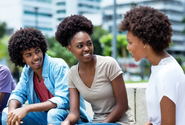 Grupo Adultos Jóvenes Afroamericanos Hablando Aire Libre Verano —  Fotos de Stock