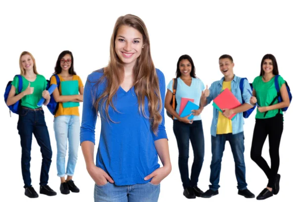 Estudiante alemana con cabello rubio y grupo de estudiantes —  Fotos de Stock