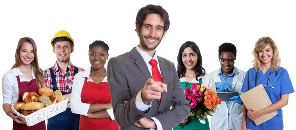 Guapo turco negocio aprendiz con grupo de latino y africa —  Fotos de Stock