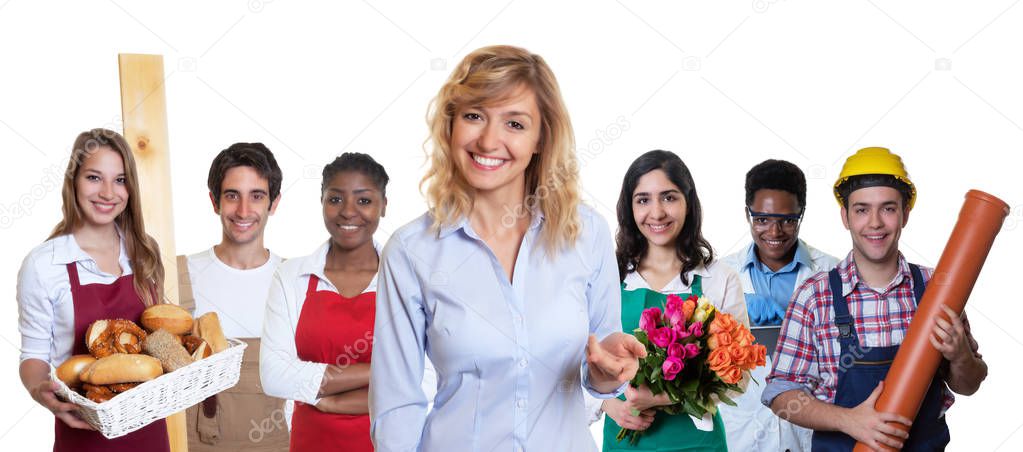 Blond female business trainee with group of other international 