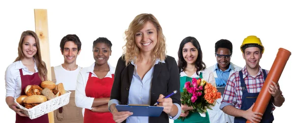 Riendo mujer en prácticas de negocios con grupo de otras internaciones — Foto de Stock