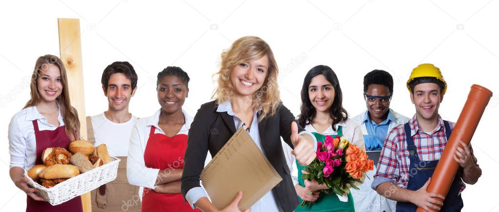 Modern female business trainee with group of other international