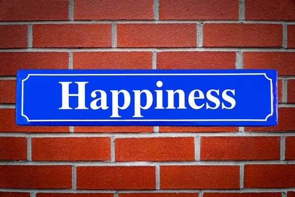 Happiness street sign on brick wall — Stock Photo, Image