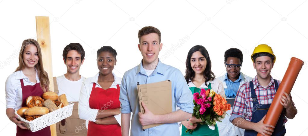 Caucasian male business trainee with group of apprentices