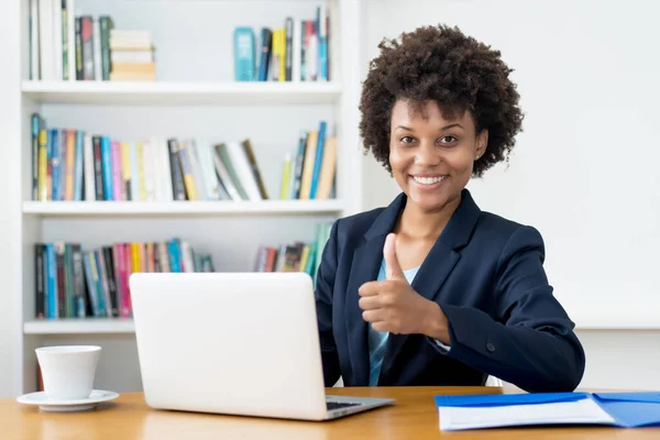 Happy African American Business Trainee Working Computer Indoors Home Office — Stock Photo, Image