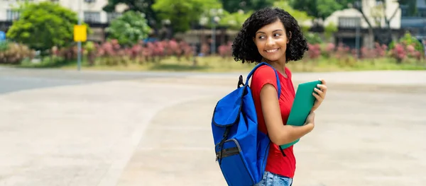 Pretty Hispanic Female College Student Backpack Outdoor City Summer — Stock Photo, Image