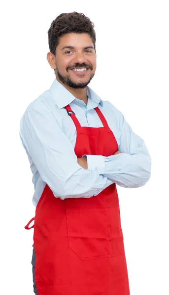 Garçom Hispânico Rindo Com Braços Cruzados Isolados Fundo Branco Para — Fotografia de Stock