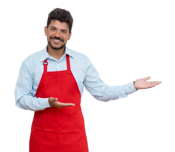 Presentatie Van Spaanse Ober Met Baard Geïsoleerd Witte Achtergrond Voor — Stockfoto