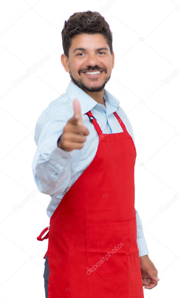 Happy hispanic male waiter with beard isolated on white background for cut out