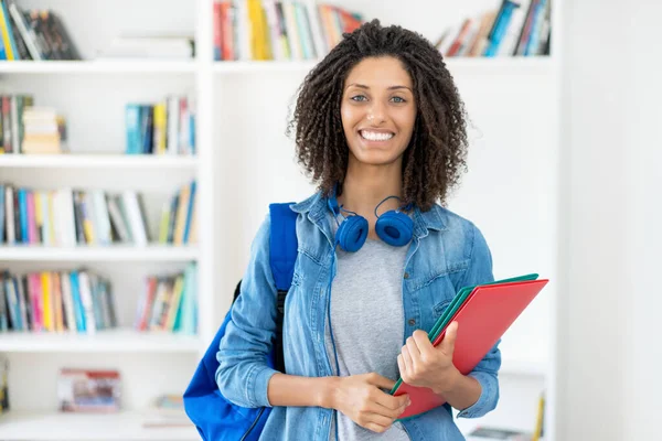 Pretty Latin Female Student Curly Hair Paperwork Classroom University — Stock Photo, Image