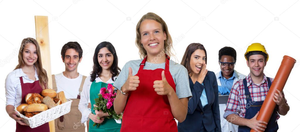Beautiful blond german waitress with group of international apprentices isolated on white background for cut out