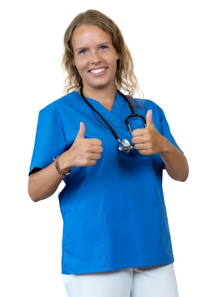 Laughing Blond Female Nurse Medical Student Showing Thumbs Isolated White — Stock Photo, Image