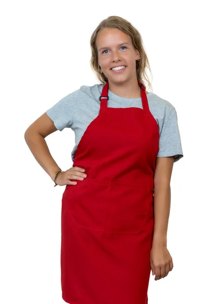 Piękna Blondynka Niemiecka Kelnerka Czerwonym Fartuchem Białym Tle Dla Wyciąć — Zdjęcie stockowe