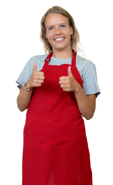 Bonita Garçonete Alemã Loira Com Avental Vermelho Isolado Fundo Branco — Fotografia de Stock