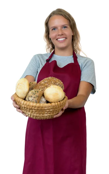Щаслива Блондинка Хлібними Рулетами Пекарні Ізольована Білому Тлі Вирізання — стокове фото