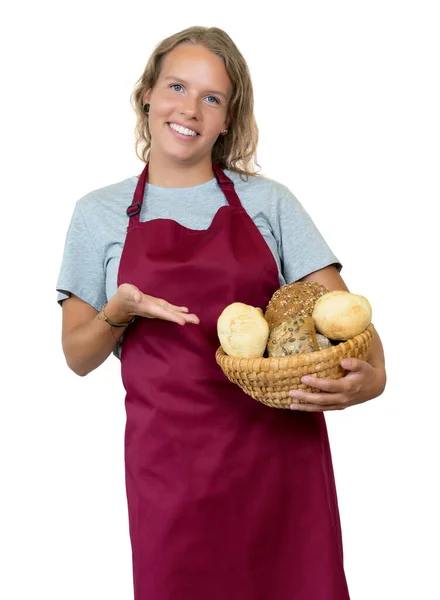 Mulher Loira Apresentando Pão Pães Padaria Isolada Fundo Branco Para — Fotografia de Stock