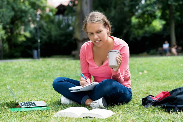 German Female Student Cup Coffee Learning Writing Notes Outdoor Park Royalty Free Stock Images