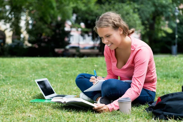 Laughing German Female Student Learning Preparing Degree Outdoor Park Campus Stock Image