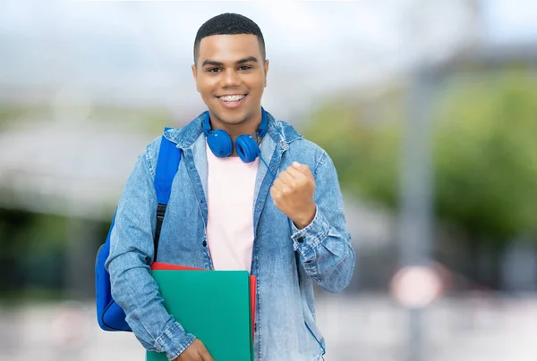 Cheering Brazilian Male Student Braces Outdoor City Summer — Stock Photo, Image