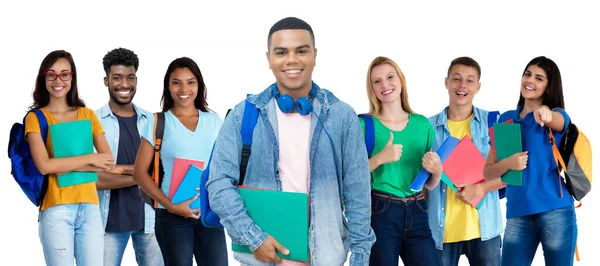 Hombre Joven Hispano Guapo Con Gran Grupo Estudiantes Internacionales Aislados — Foto de Stock