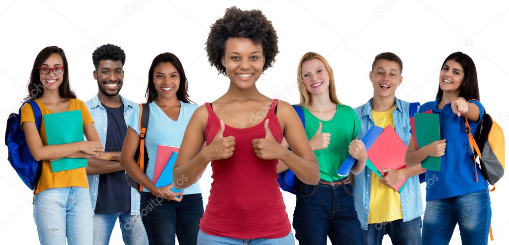 Successful african american young adult woman with large group of international students isolated on white  background for cut out