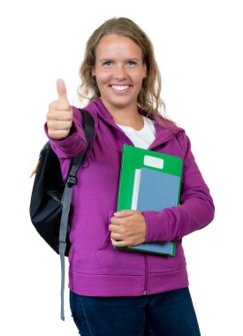 Sarı saçlı Alman kız öğrenci. Başparmağı görünüyor. Beyaz arka planda, kesik için izole edilmiş.