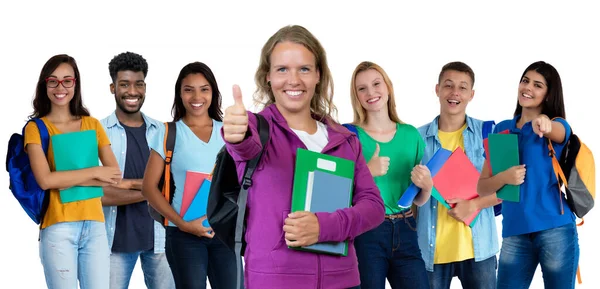 German Young Adult Woman Showing Thumb Large Group International Students — Stock Photo, Image