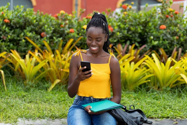 Vídeo Chamada Africana Americana Jovem Adulto Livre Parque Verão — Fotografia de Stock