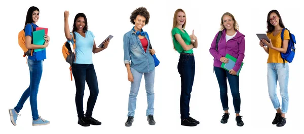 Multi Etnische Groep Van Mooie Vrouwelijke Studenten Geïsoleerd Witte Achtergrond — Stockfoto