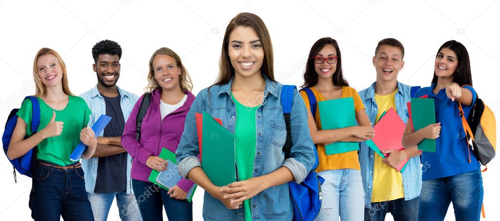 Laughing latin american female student with group of multi ethnic young adults isolated on white background for cut out