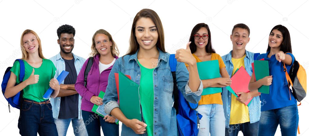 Successful latin american female student with group of multi ethnic young adults isolated on white background for cut out