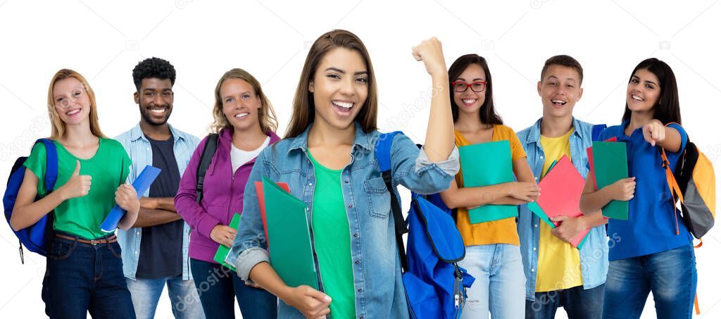 Cheering latin american female student with group of multi ethnic young adults isolated on white background for cut out