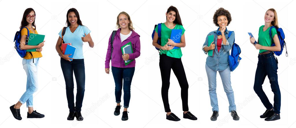 Mixed group of 6 pretty laughing female students isolated on white background for cut out