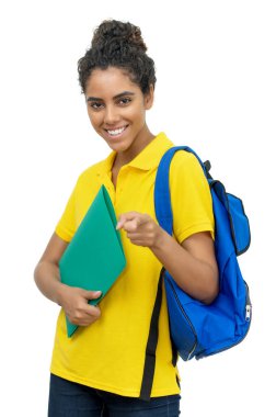 Güzel Güney Amerika 'lı kız öğrencinin kesik için izole edilmiş beyaz bir geçmişi var. 