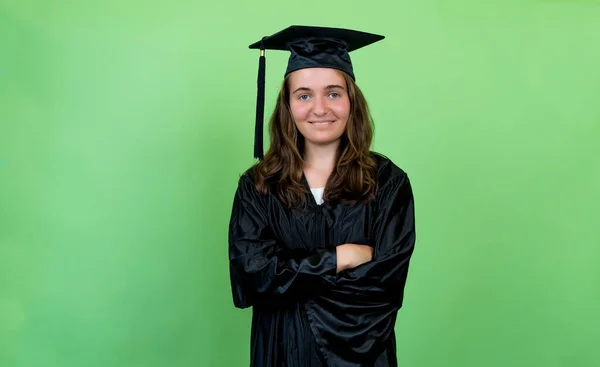 Young German Female Graduate Student Academic Dress Cap Isolated Green — Stock Photo, Image