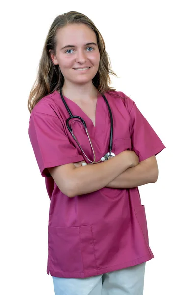 Young Brunette Female Nurse Medical Student Brunette Hair Isolated White — Stock Photo, Image