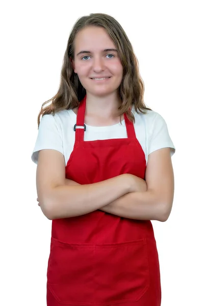 Linda Morena Alemã Garçonete Com Avental Vermelho Isolado Fundo Branco — Fotografia de Stock