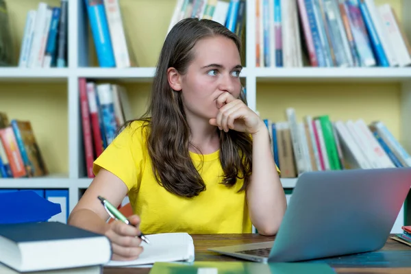 Smart German Female Student Learning Book Computer Desk Indoors Home — Stock Photo, Image