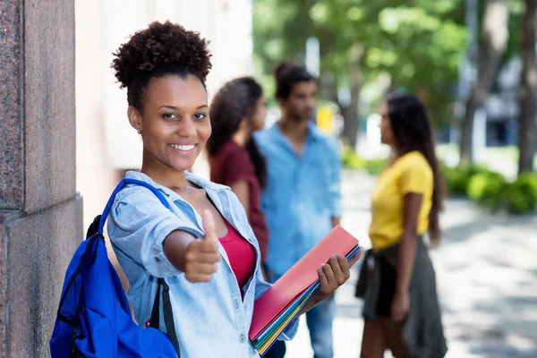 Cheering African American Female Student Group Young Adults Outdoor City — Stock Photo, Image