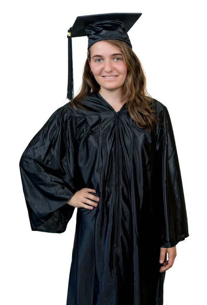 Belle Étudiante Diplômée Avec Robe Académique Casquette Isolée Sur Fond — Photo