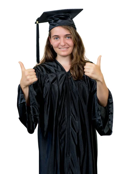 Akademik Elbisesi Şapkası Ile Başarılı Bir Bayan Öğrenci Kesme Için — Stok fotoğraf