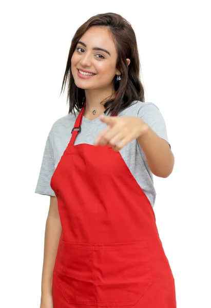 Funny Caucasian Waitress Red Apron Isolated White Background Cut Out — Stock Photo, Image