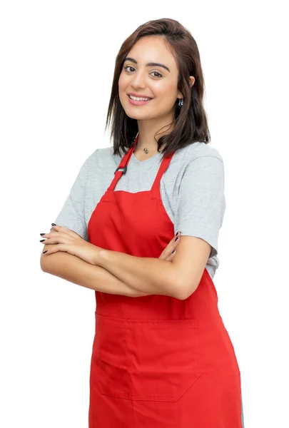 Nowoczesna Kaukaska Kelnerka Czerwonym Fartuchem Odizolowana Białym Tle Wycięcia — Zdjęcie stockowe