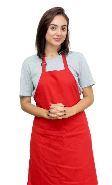 漂亮的高加索女服务员 红色围裙 白色背景隔离 可裁剪 — 图库照片