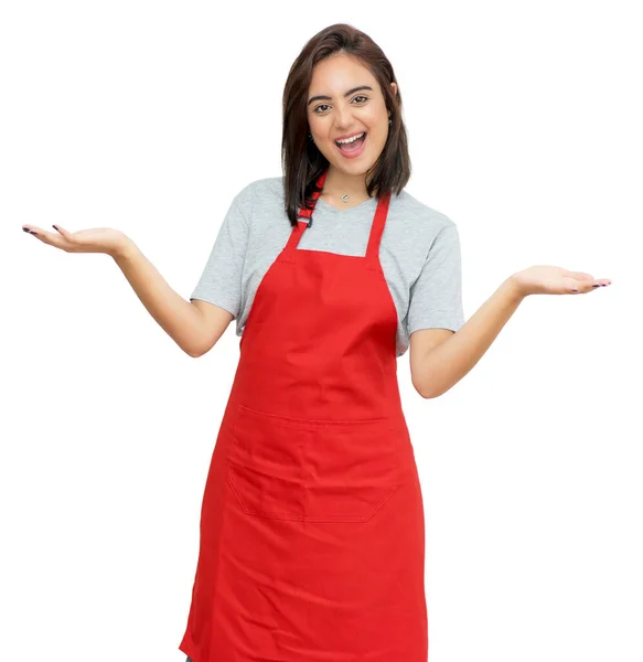 Motivated Caucasian Waitress Red Apron Isolated White Background Cut Out — Stock Photo, Image