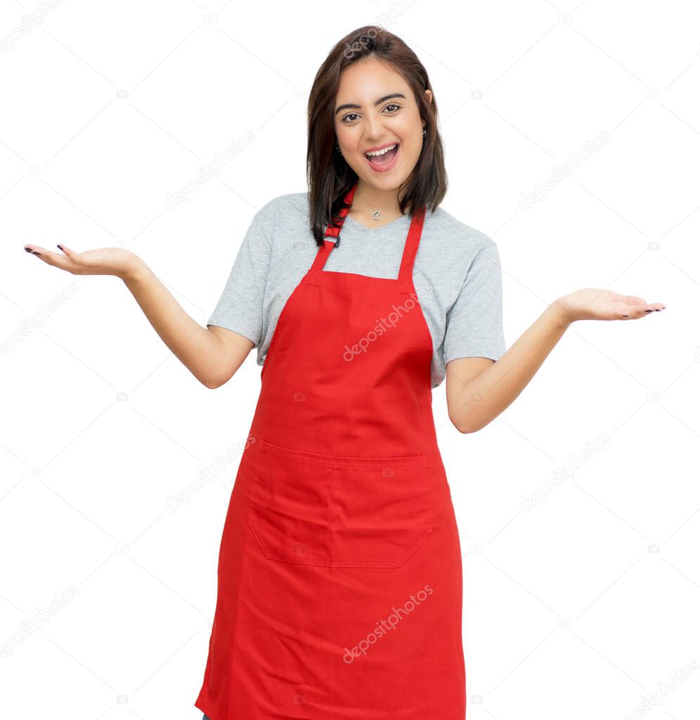Motivated caucasian waitress with red apron isolated on white background for cut out