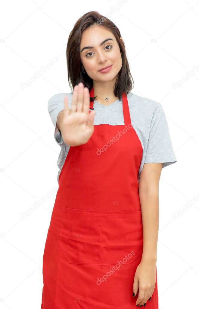 Waitress gesturing stop to customer or client isolated on white background for cut out